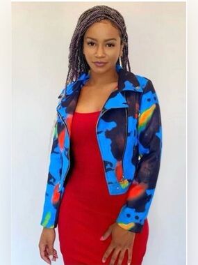 Love Highlight Vibrant Blue Multicolor Moto Throw Paint Biker Jacket